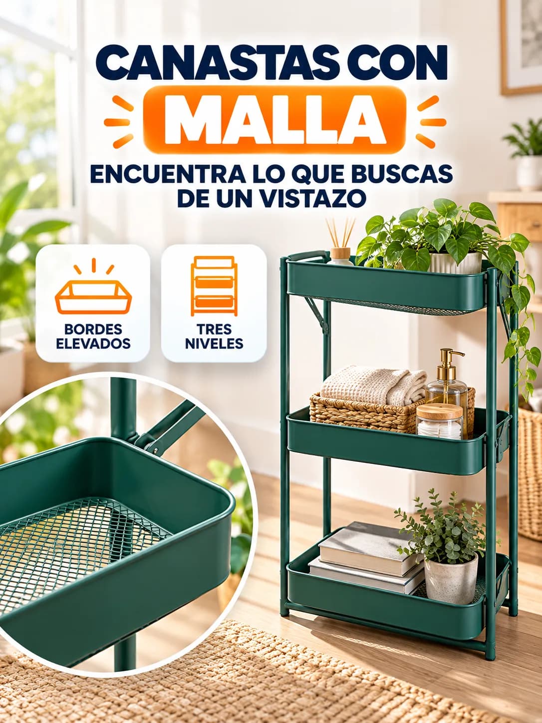 Canastas con malla del carro organizador