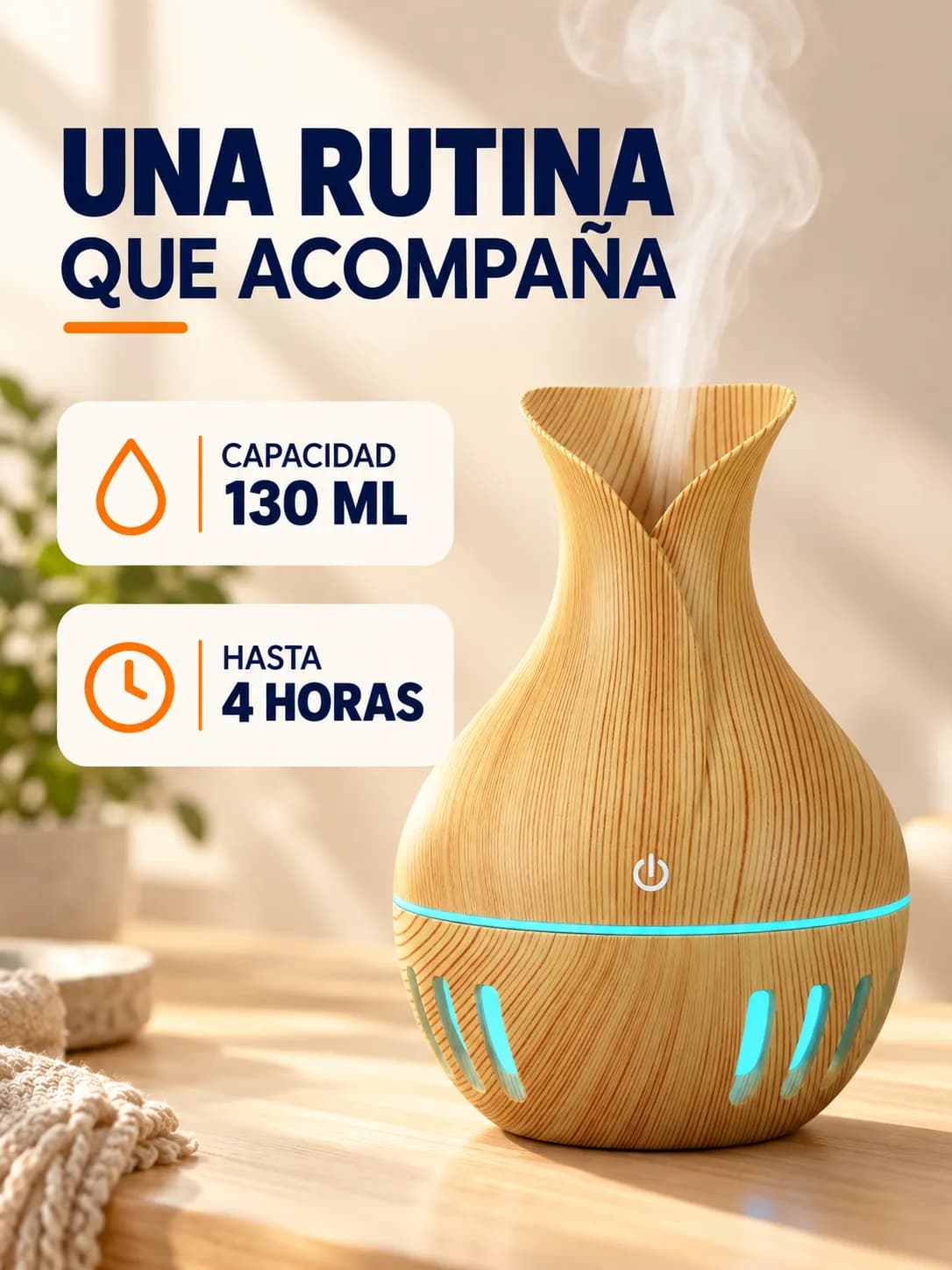 Humidificador difusor con capacidad de 130 ml y hasta cuatro horas informadas