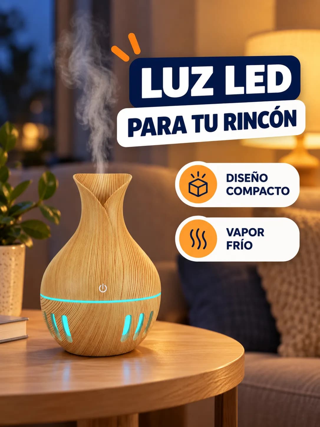 Humidificador difusor compacto con luz LED y vapor frío