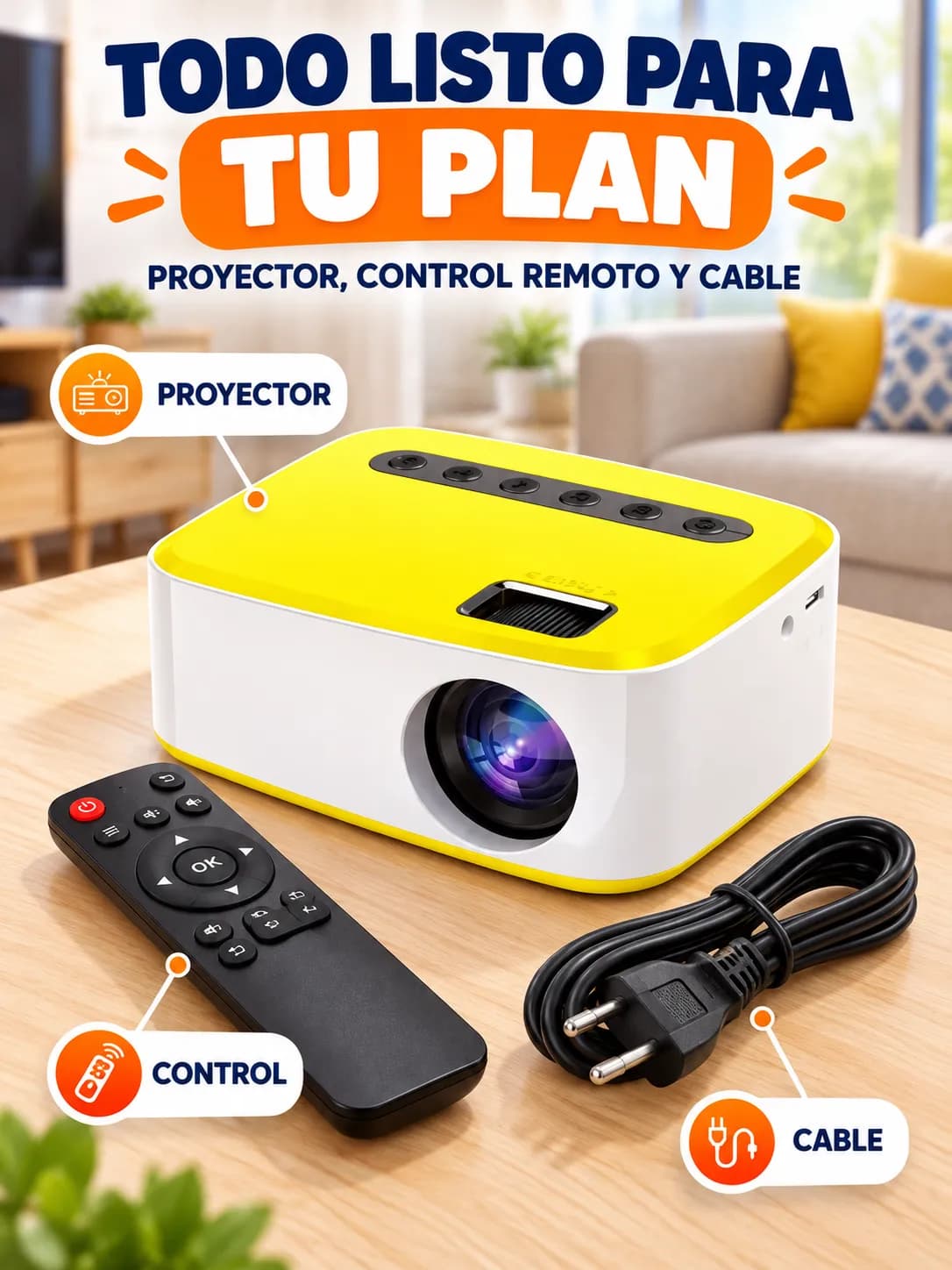 Mini proyector con control remoto y cable de alimentación