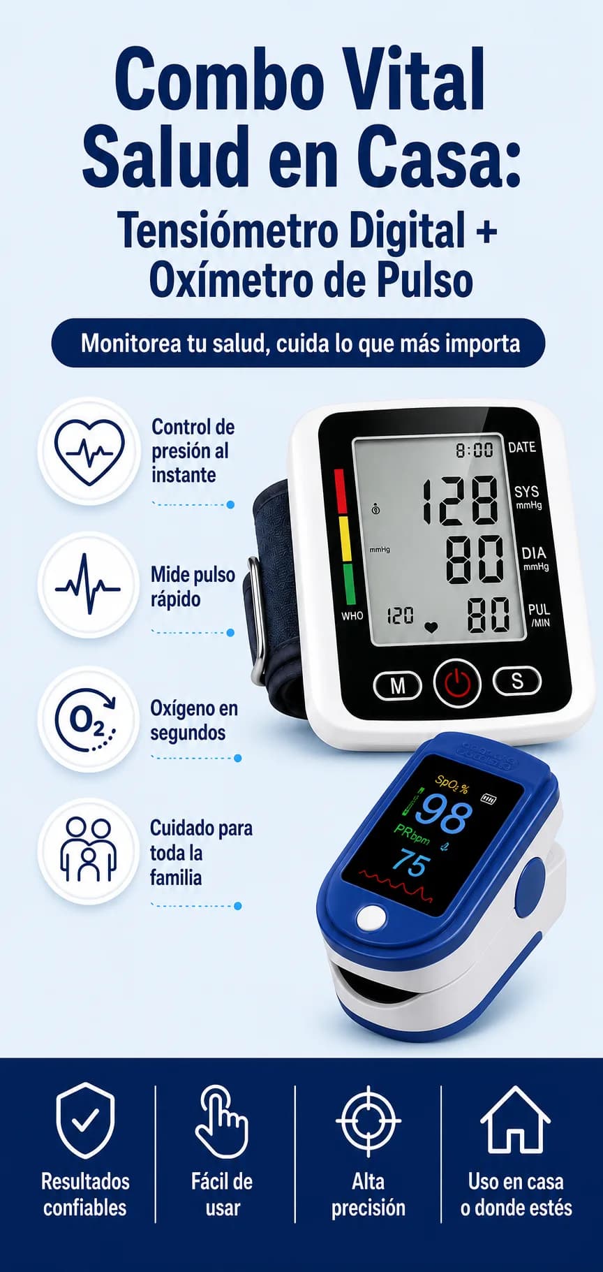 Combo Vital Salud en Casa — tensiómetro digital + oxímetro de pulso