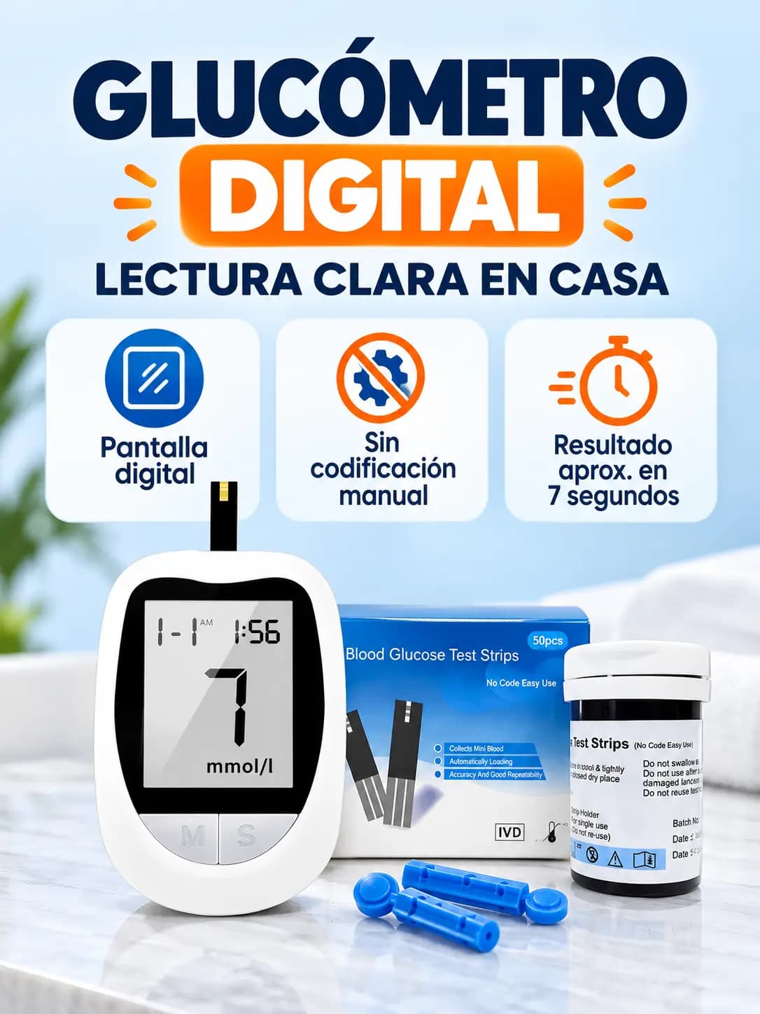 Glucómetro digital con pantalla encendida, tiras y accesorios reales