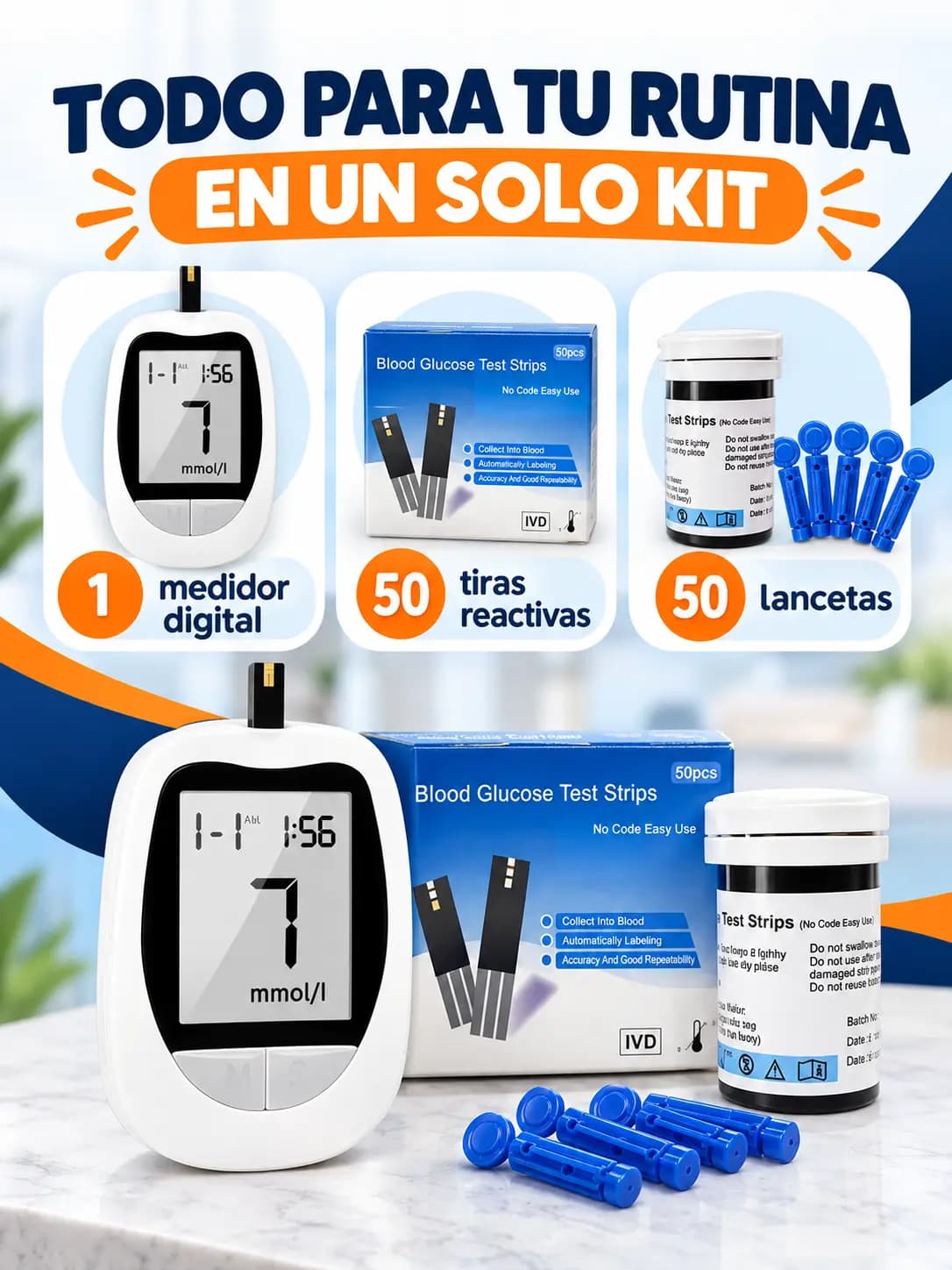 Contenido real del kit de glucómetro: medidor, tiras y lancetas