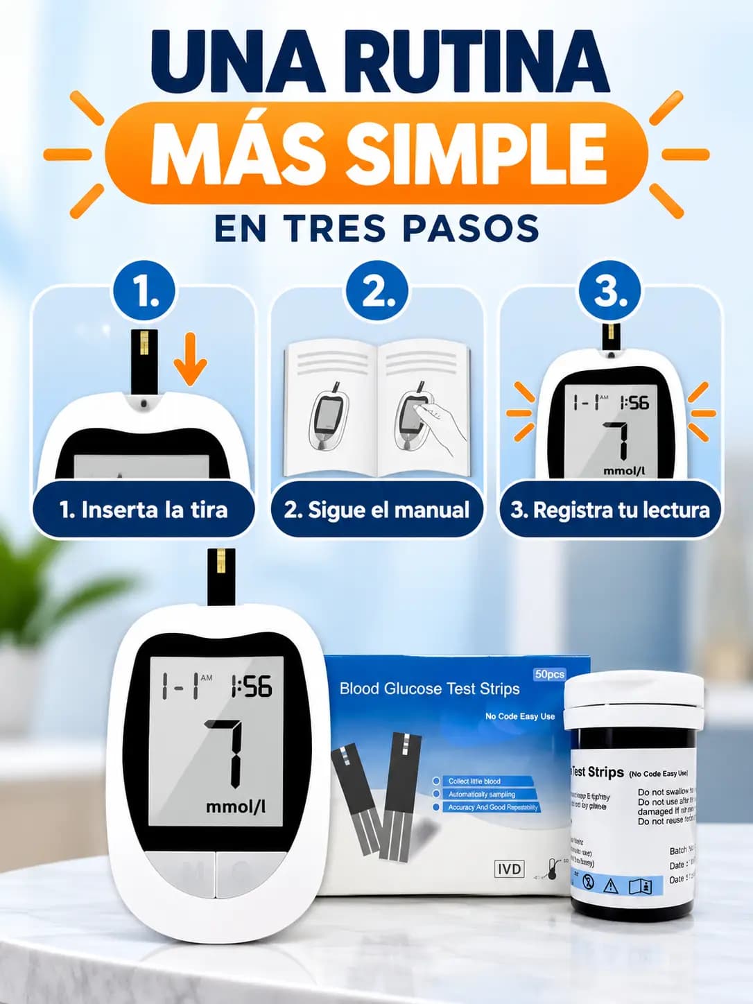 Rutina simple de tres pasos con el glucómetro digital