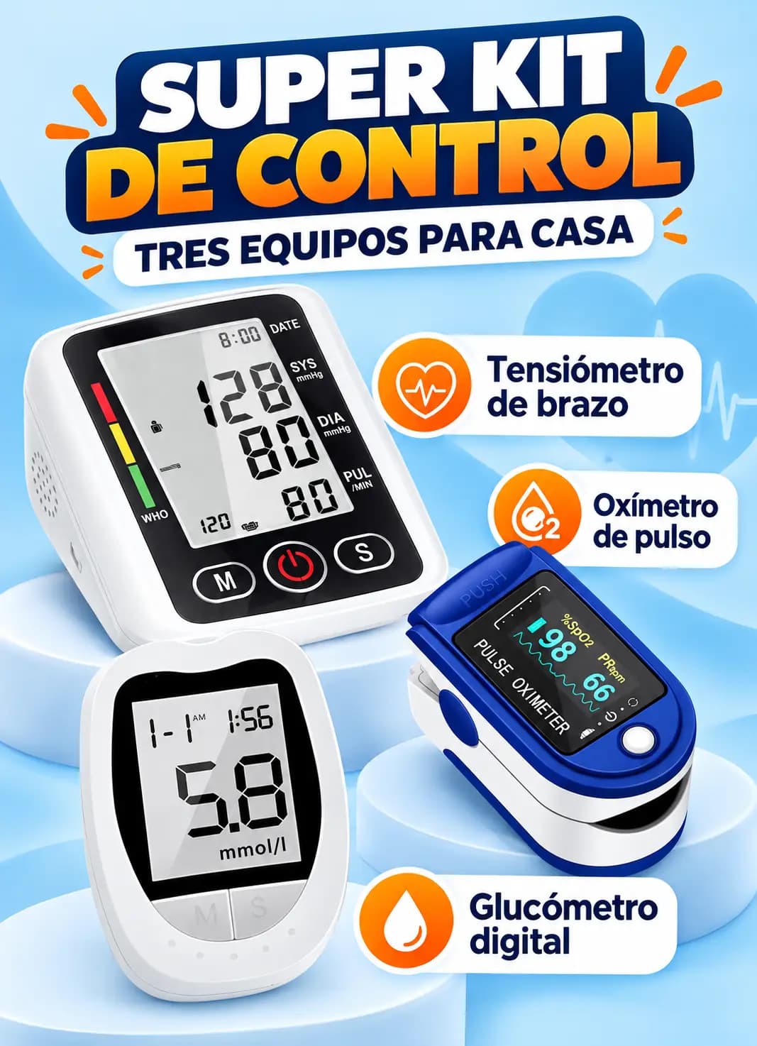 Super Kit con tensiómetro, oxímetro y glucómetro