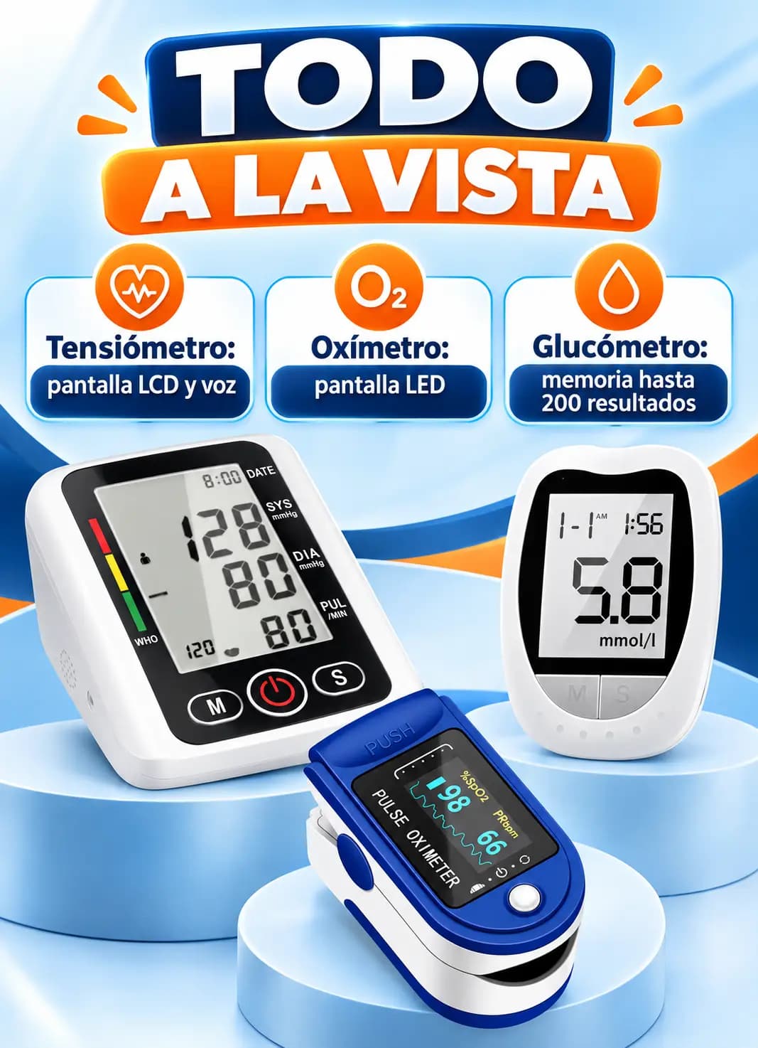 Funciones visibles del tensiómetro, oxímetro y glucómetro del kit