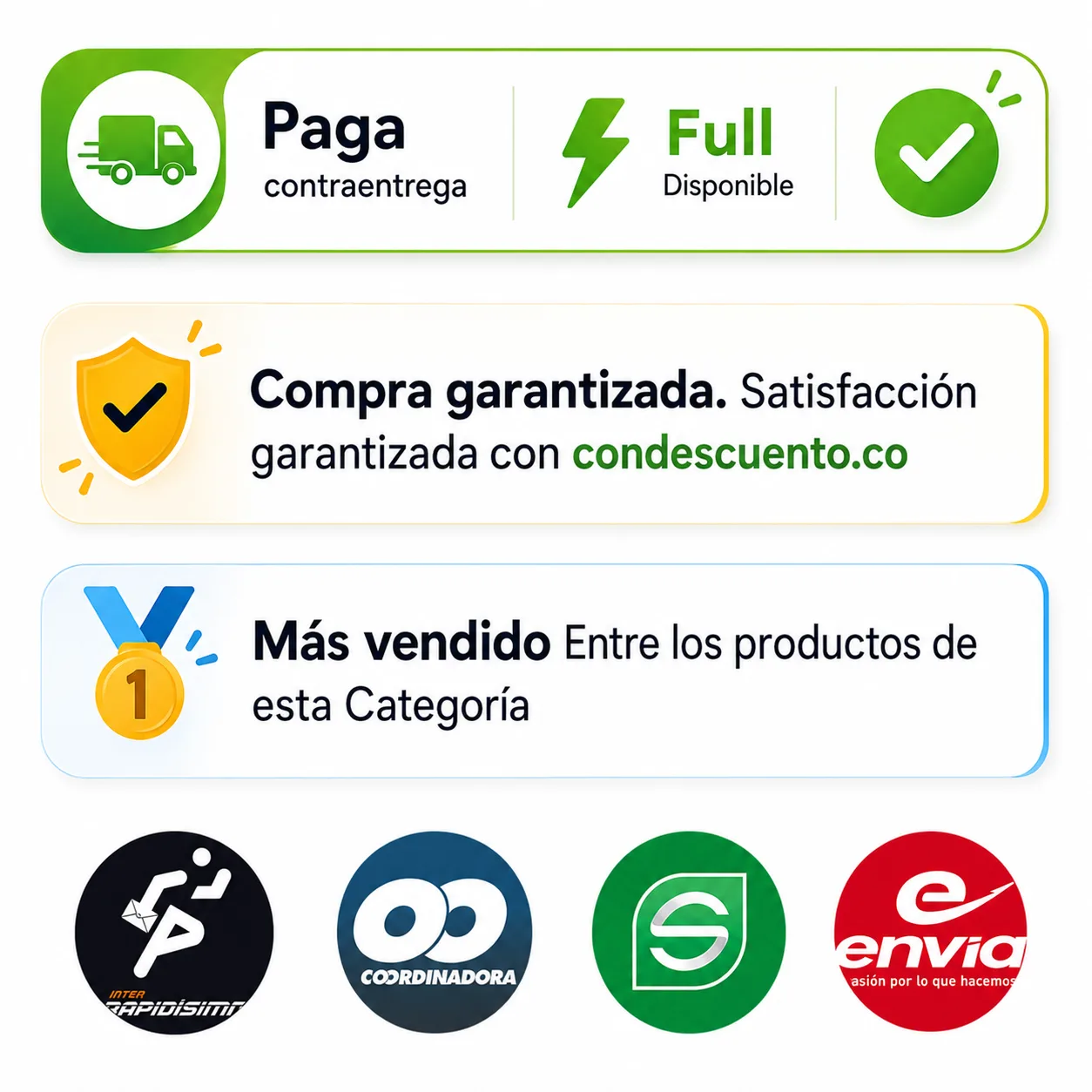 Pago contraentrega · Envíos a toda Colombia · Alta calidad · Garantía incluida